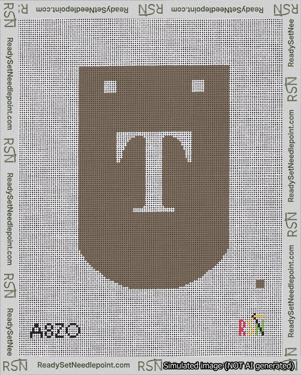 A taped needlepoint canvas with the design: Banner 18 mesh count Curved T White on Brown.