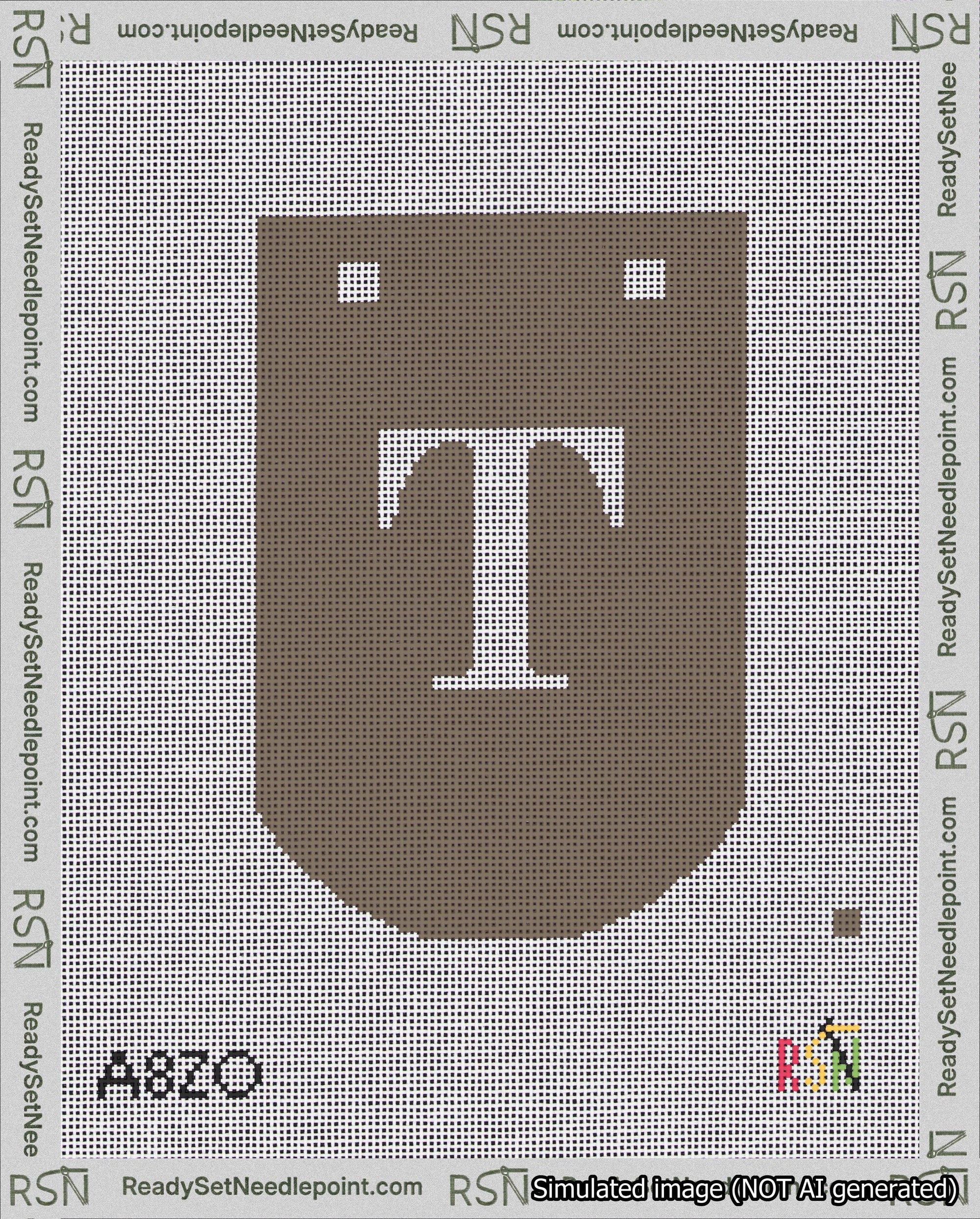A taped needlepoint canvas with the design: Banner 18 mesh count Curved T White on Brown.