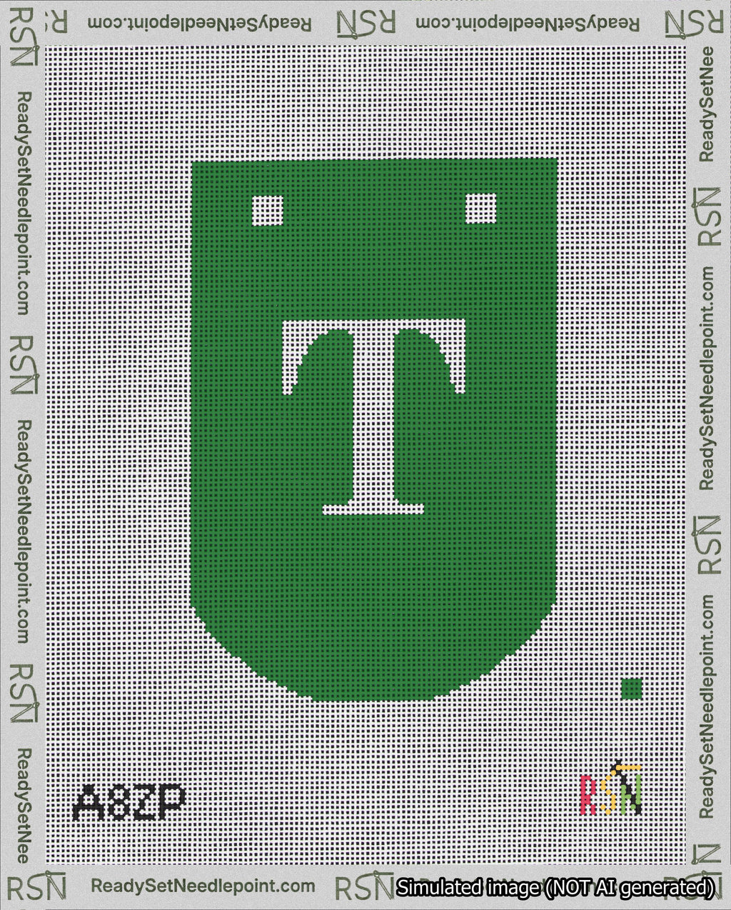 A taped needlepoint canvas with the design: Banner 18 mesh count Curved T White on Green.