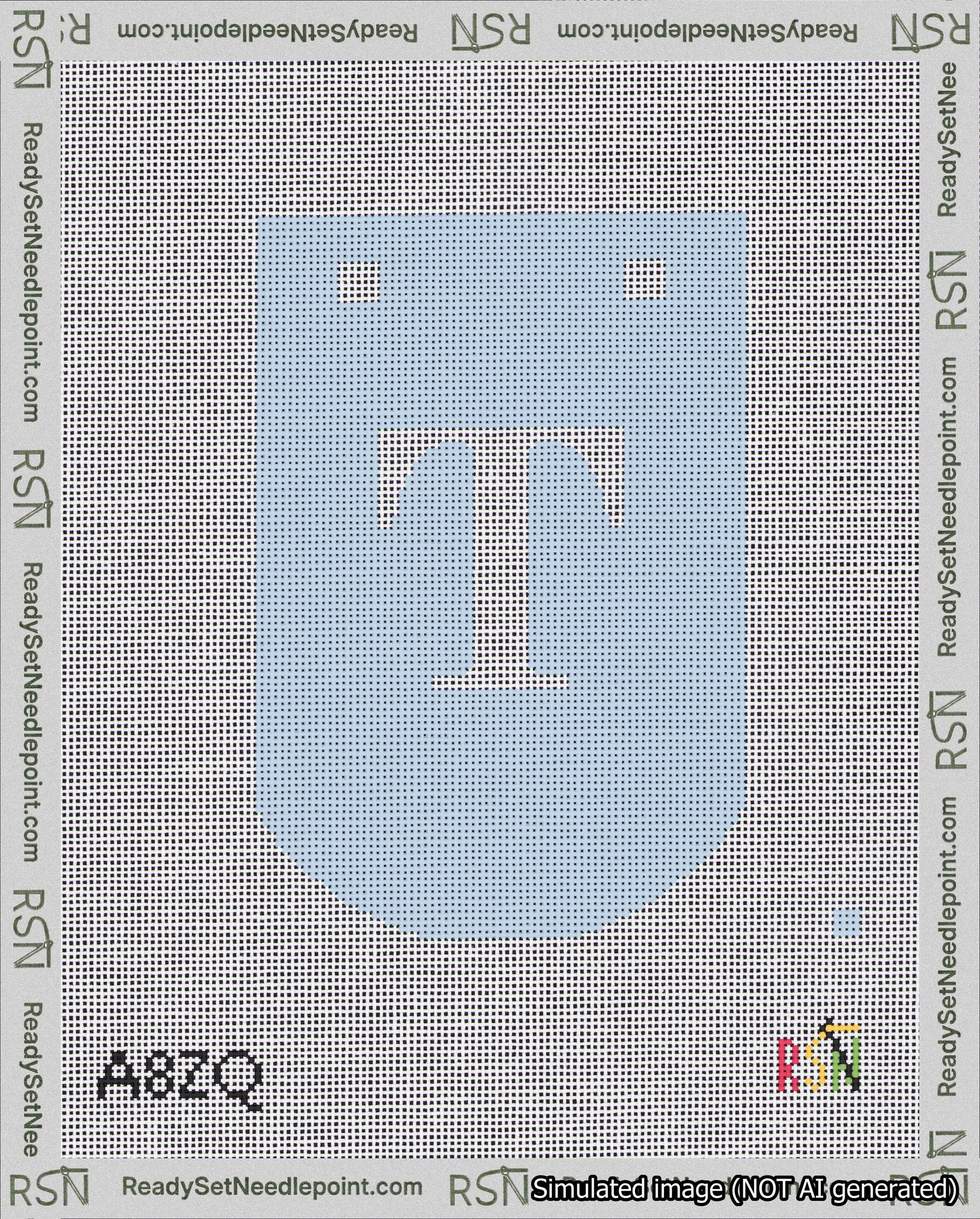 A taped needlepoint canvas with the design: Banner 18 mesh count Curved T White on Light Blue.