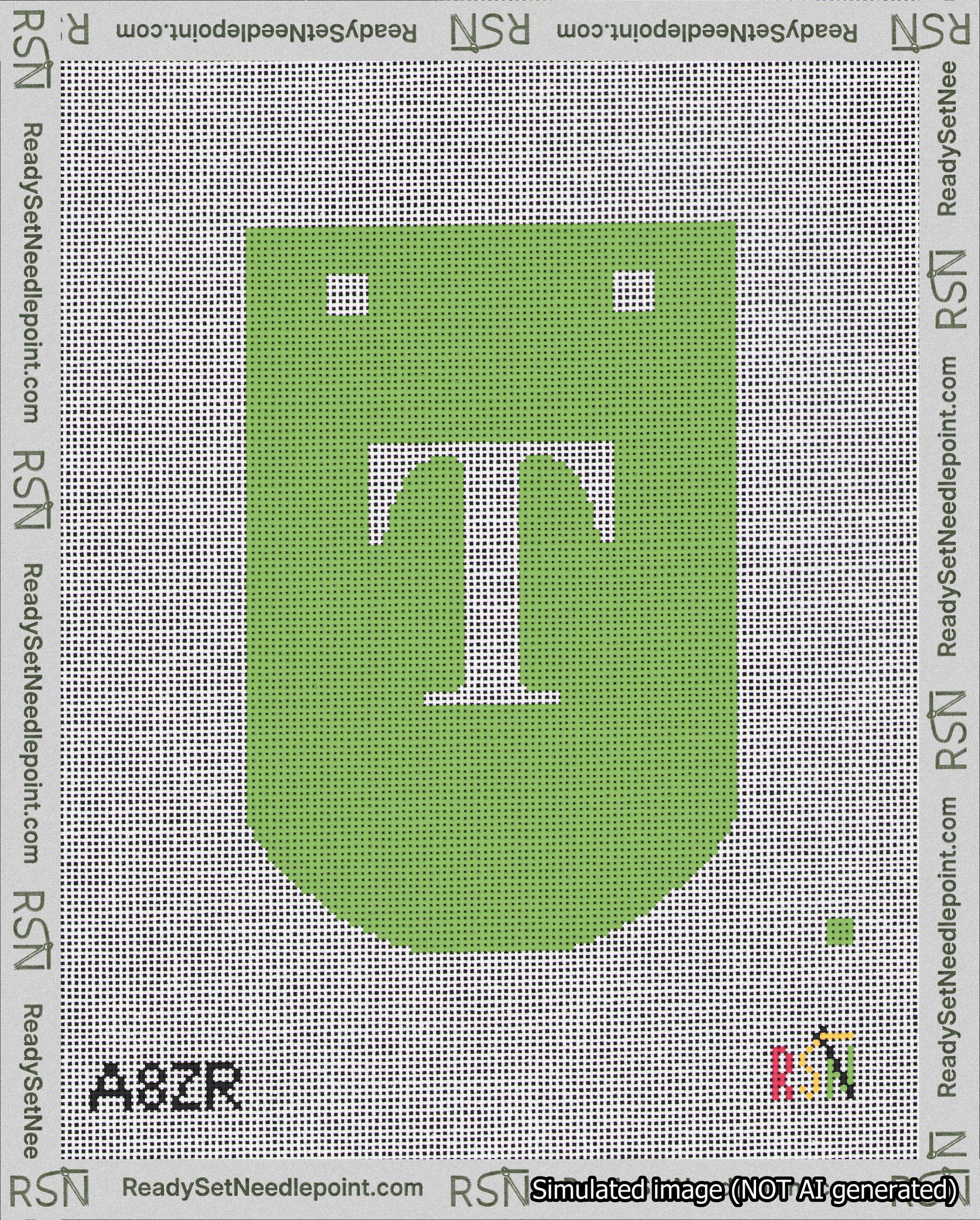 A taped needlepoint canvas with the design: Banner 18 mesh count Curved T White on Light Green.