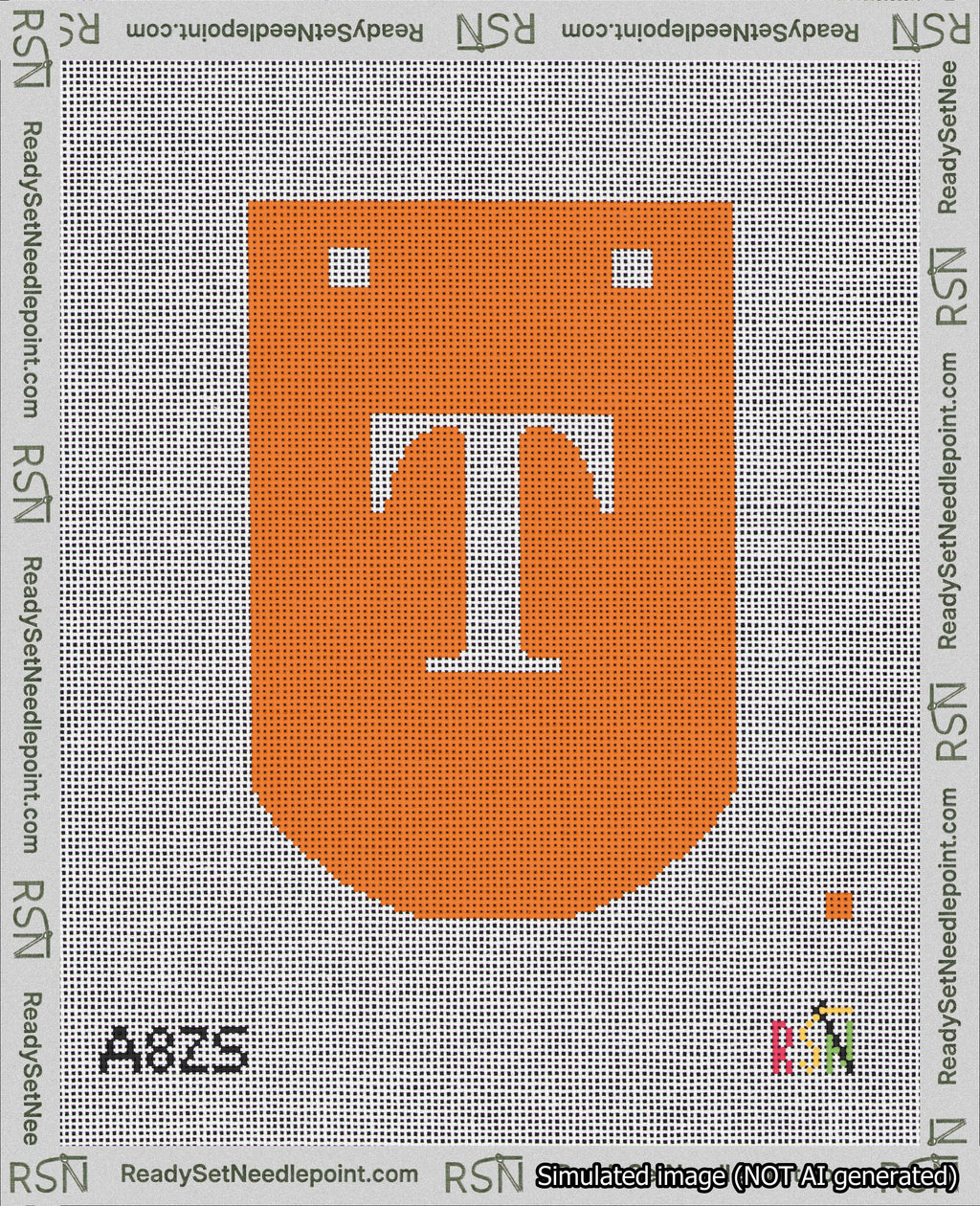 A taped needlepoint canvas with the design: Banner 18 mesh count Curved T White on Orange.