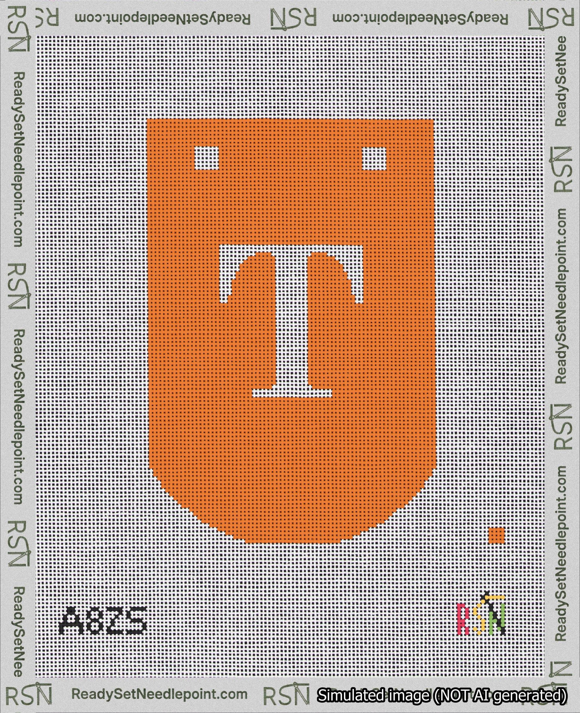A taped needlepoint canvas with the design: Banner 18 mesh count Curved T White on Orange.