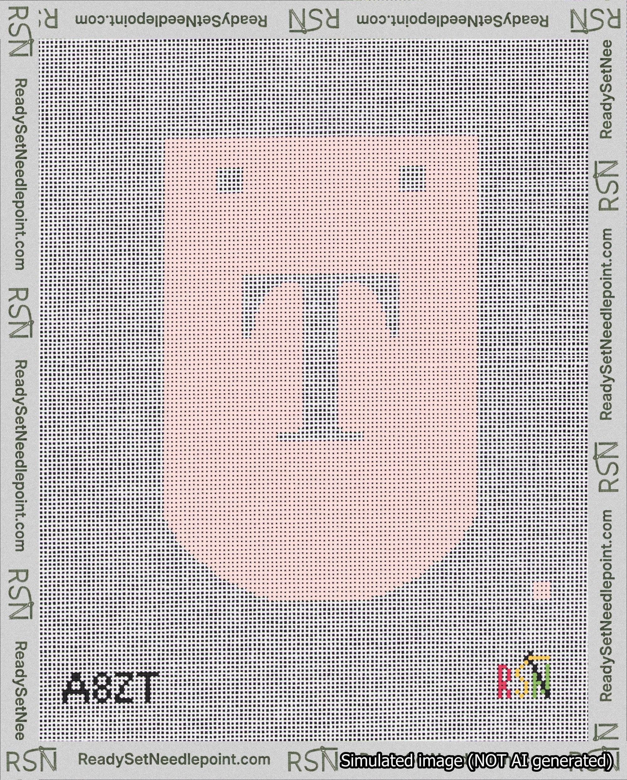 A taped needlepoint canvas with the design: Banner 18 mesh count Curved T White on Pink.