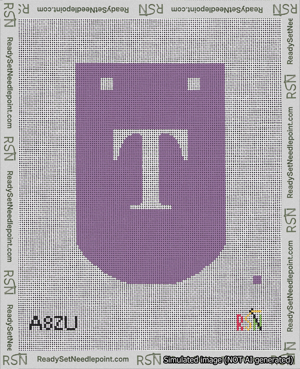 A taped needlepoint canvas with the design: Banner 18 mesh count Curved T White on Purple.