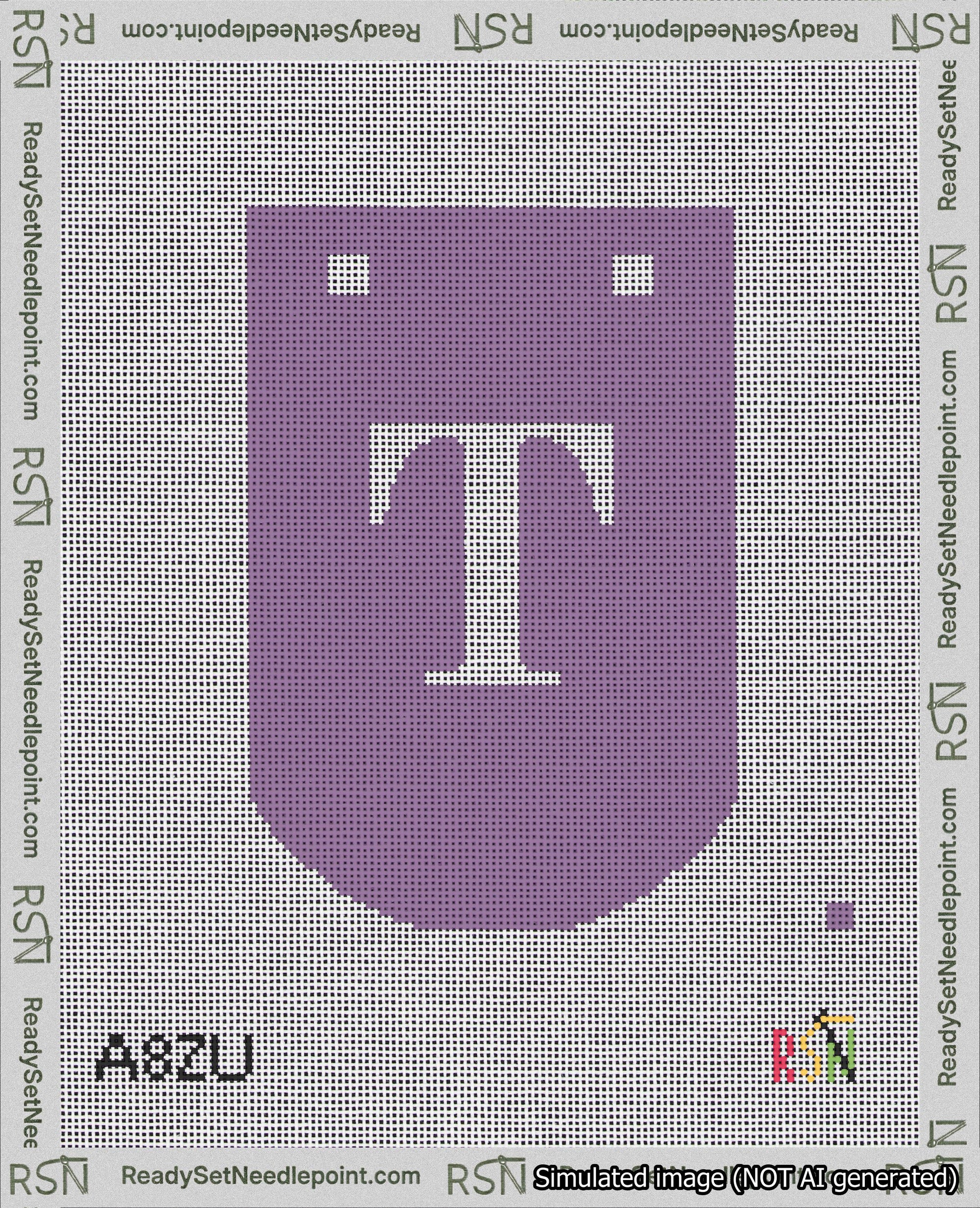 A taped needlepoint canvas with the design: Banner 18 mesh count Curved T White on Purple.