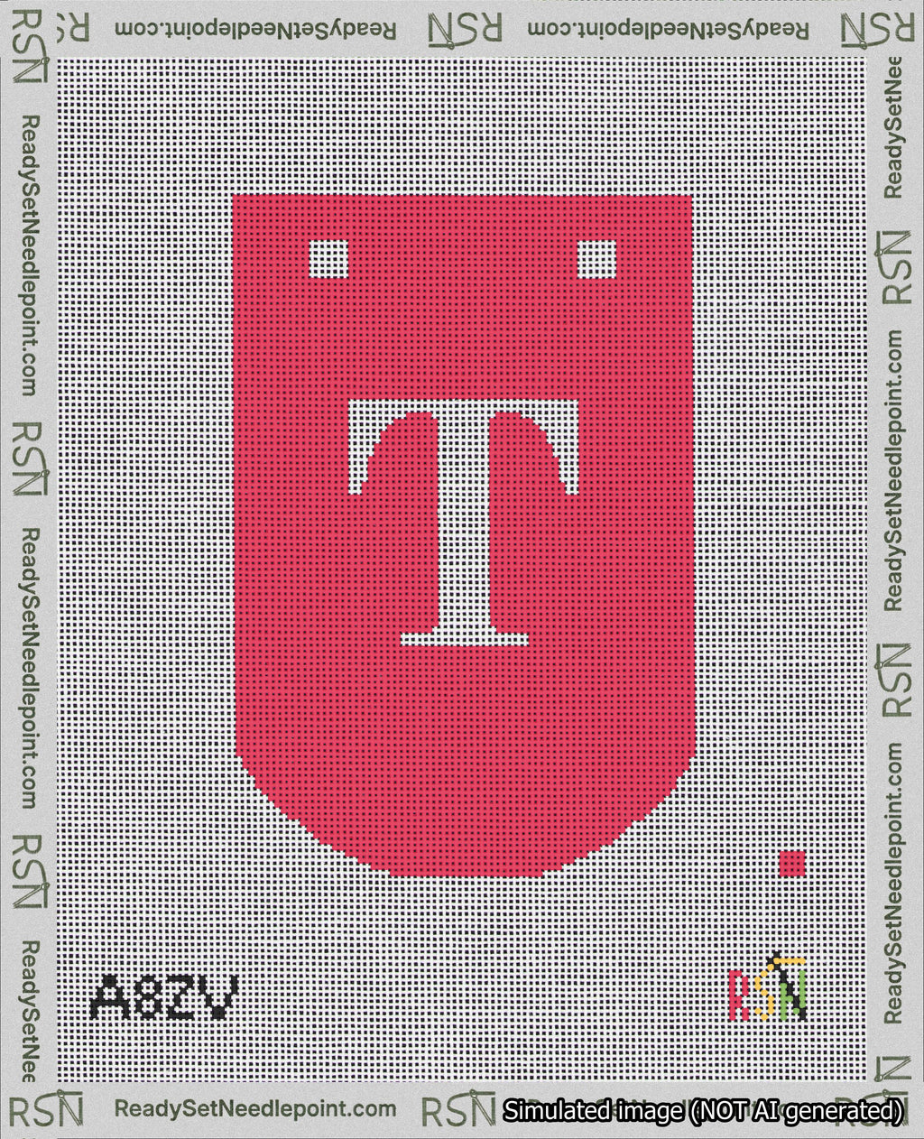 A taped needlepoint canvas with the design: Banner 18 mesh count Curved T White on Red.