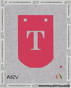 A taped needlepoint canvas with the design: Banner 18 mesh count Curved T White on Red.