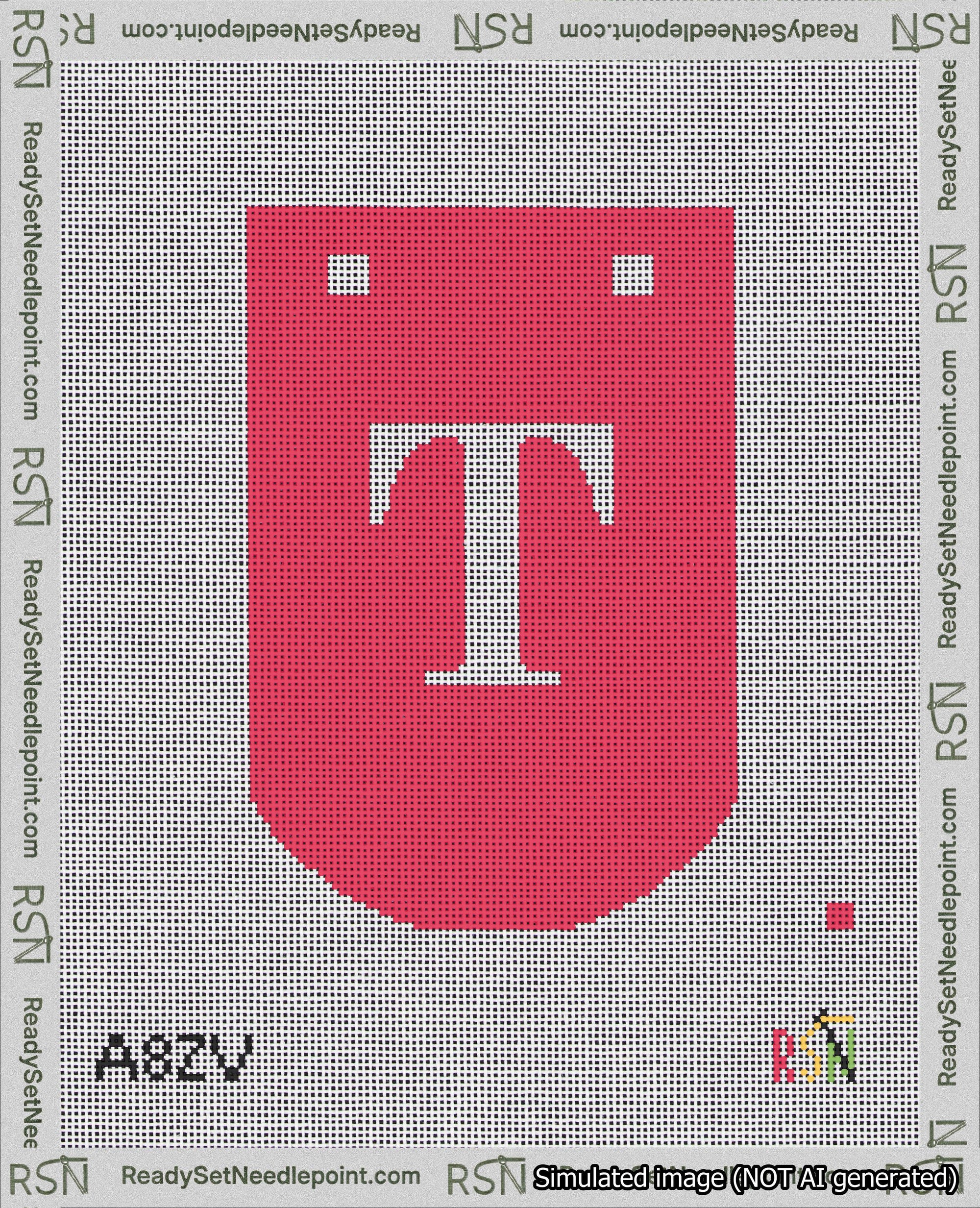 A taped needlepoint canvas with the design: Banner 18 mesh count Curved T White on Red.