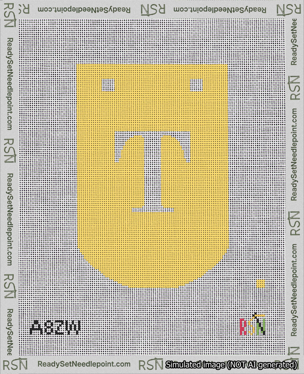 A taped needlepoint canvas with the design: Banner 18 mesh count Curved T White on Yellow.