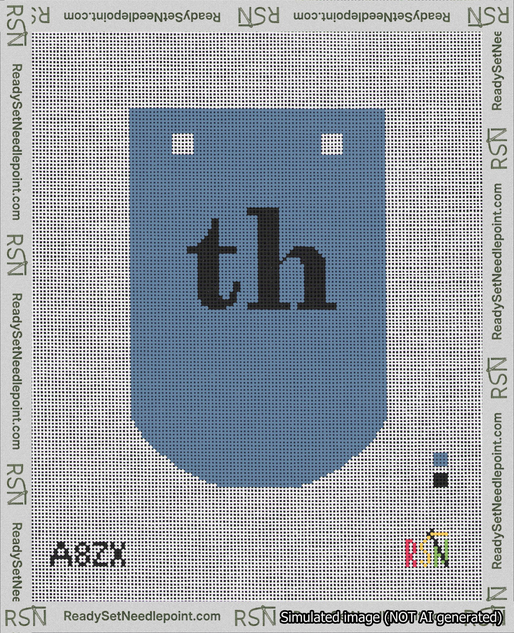 A taped needlepoint canvas with the design: Banner 18 mesh count Curved th Black on Blue.