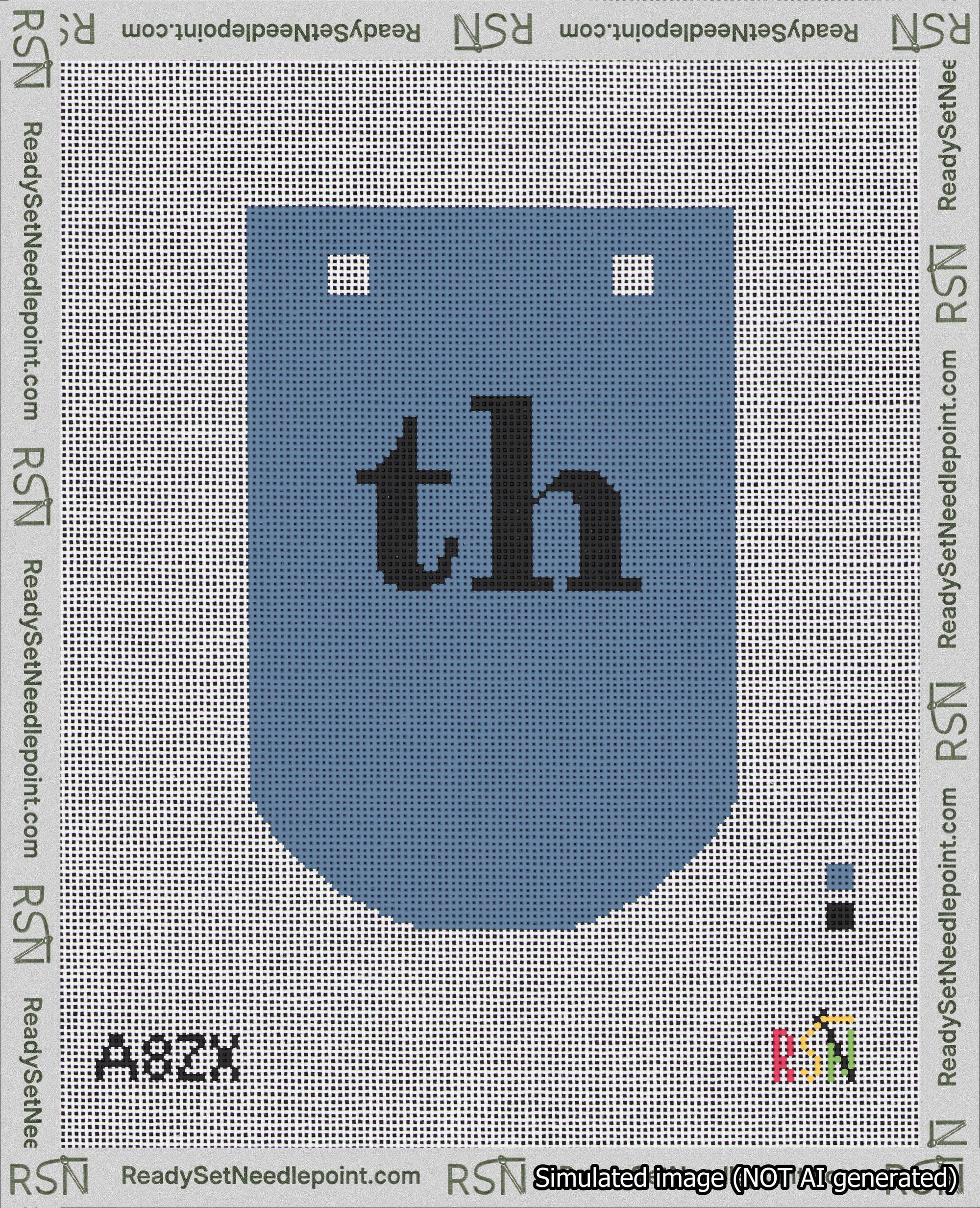 A taped needlepoint canvas with the design: Banner 18 mesh count Curved th Black on Blue.