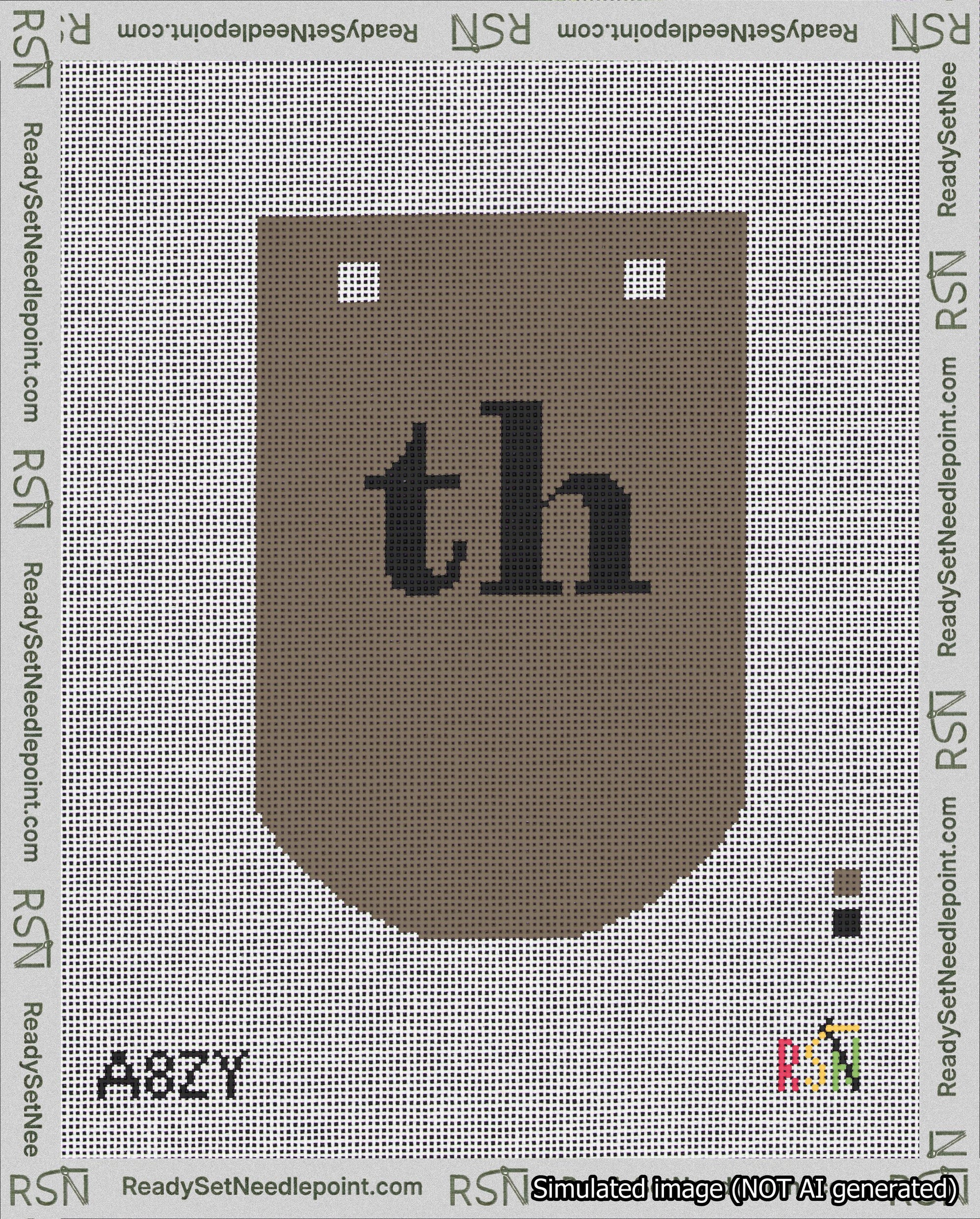 A taped needlepoint canvas with the design: Banner 18 mesh count Curved th Black on Brown.