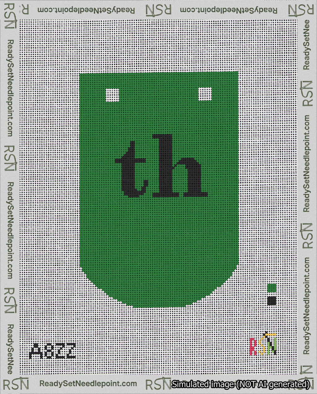 A taped needlepoint canvas with the design: Banner 18 mesh count Curved th Black on Green.