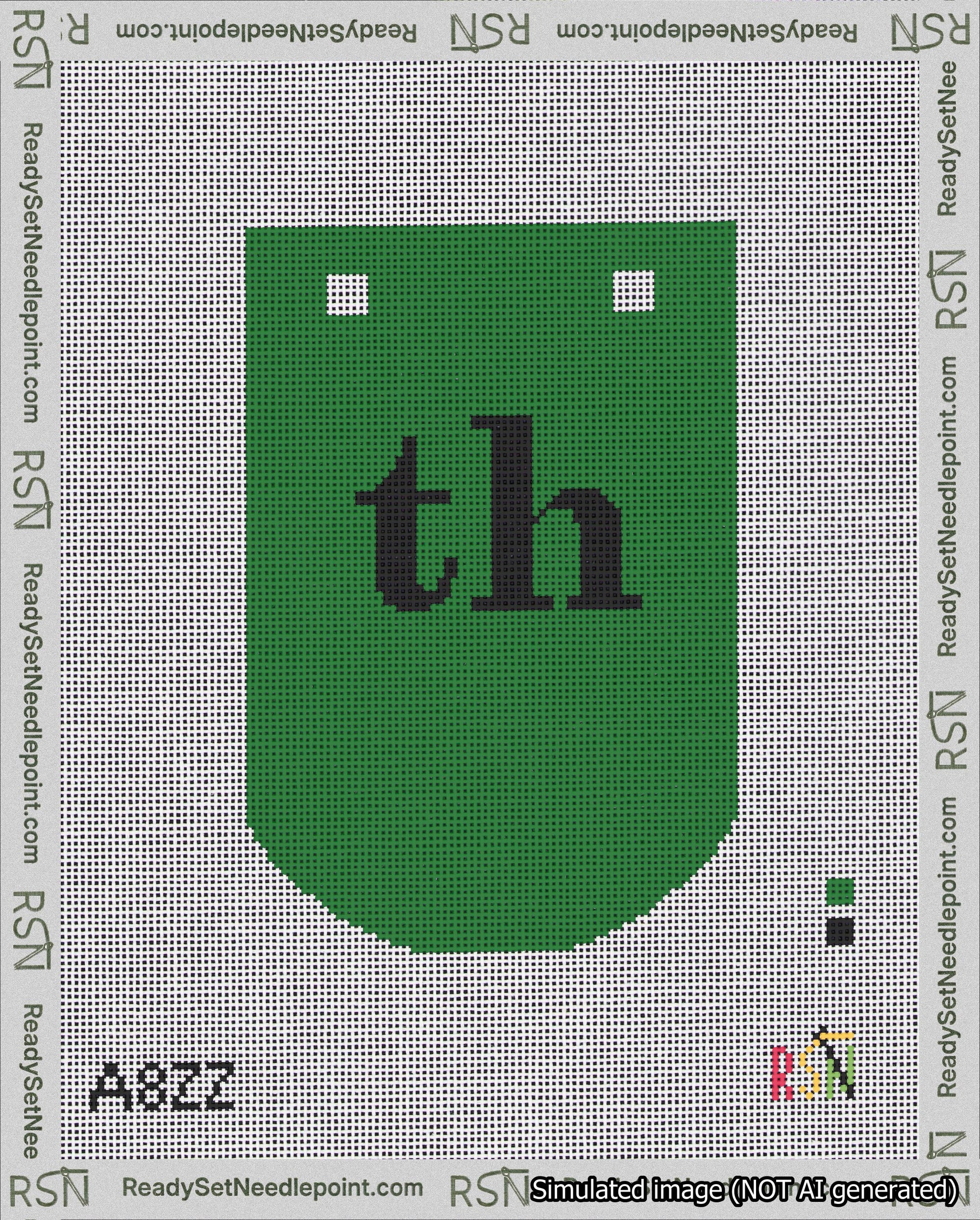 A taped needlepoint canvas with the design: Banner 18 mesh count Curved th Black on Green.