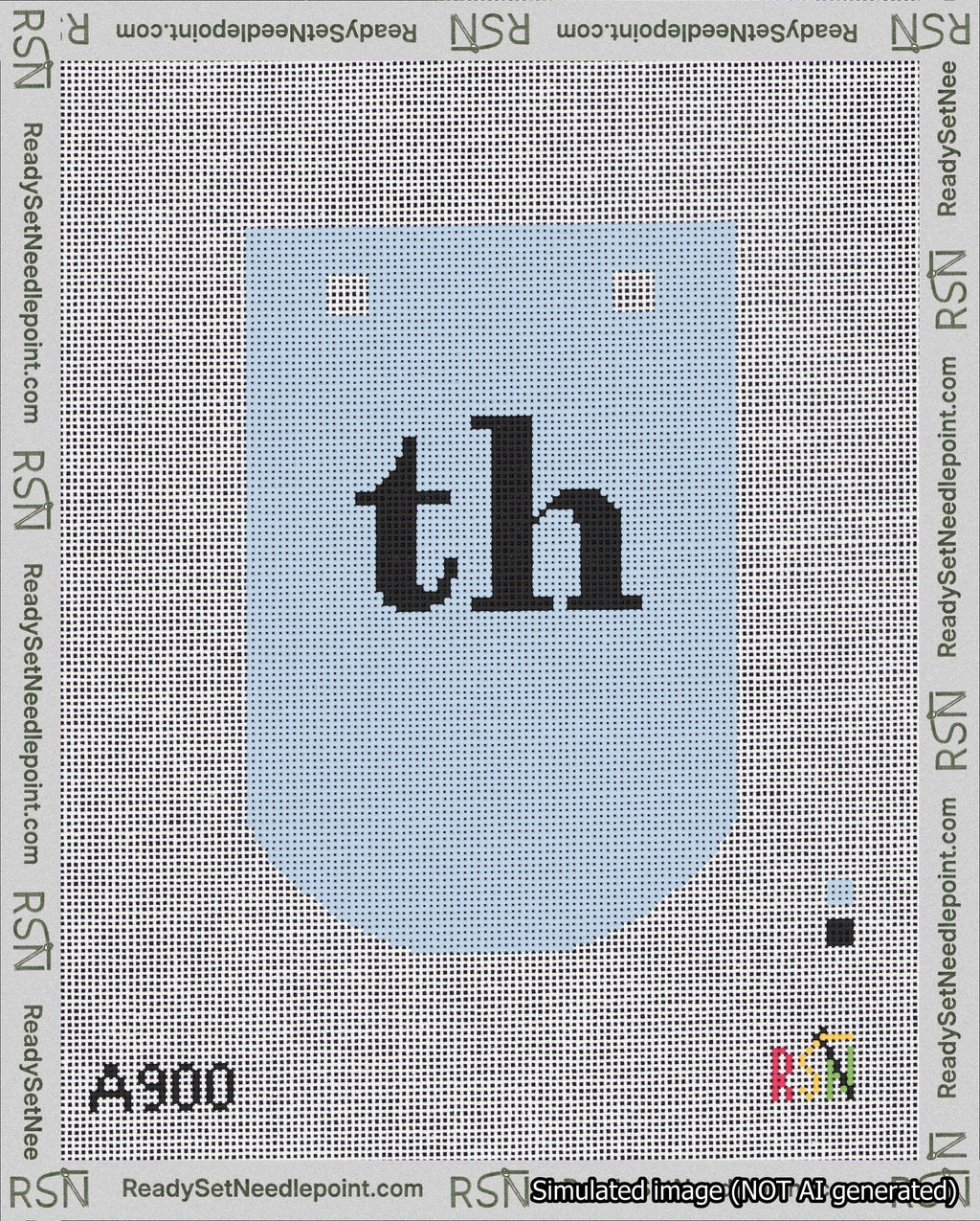 A taped needlepoint canvas with the design: Banner 18 mesh count Curved th Black on Light Blue.