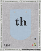 A taped needlepoint canvas with the design: Banner 18 mesh count Curved th Black on Light Blue.