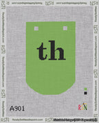 A taped needlepoint canvas with the design: Banner 18 mesh count Curved th Black on Light Green.