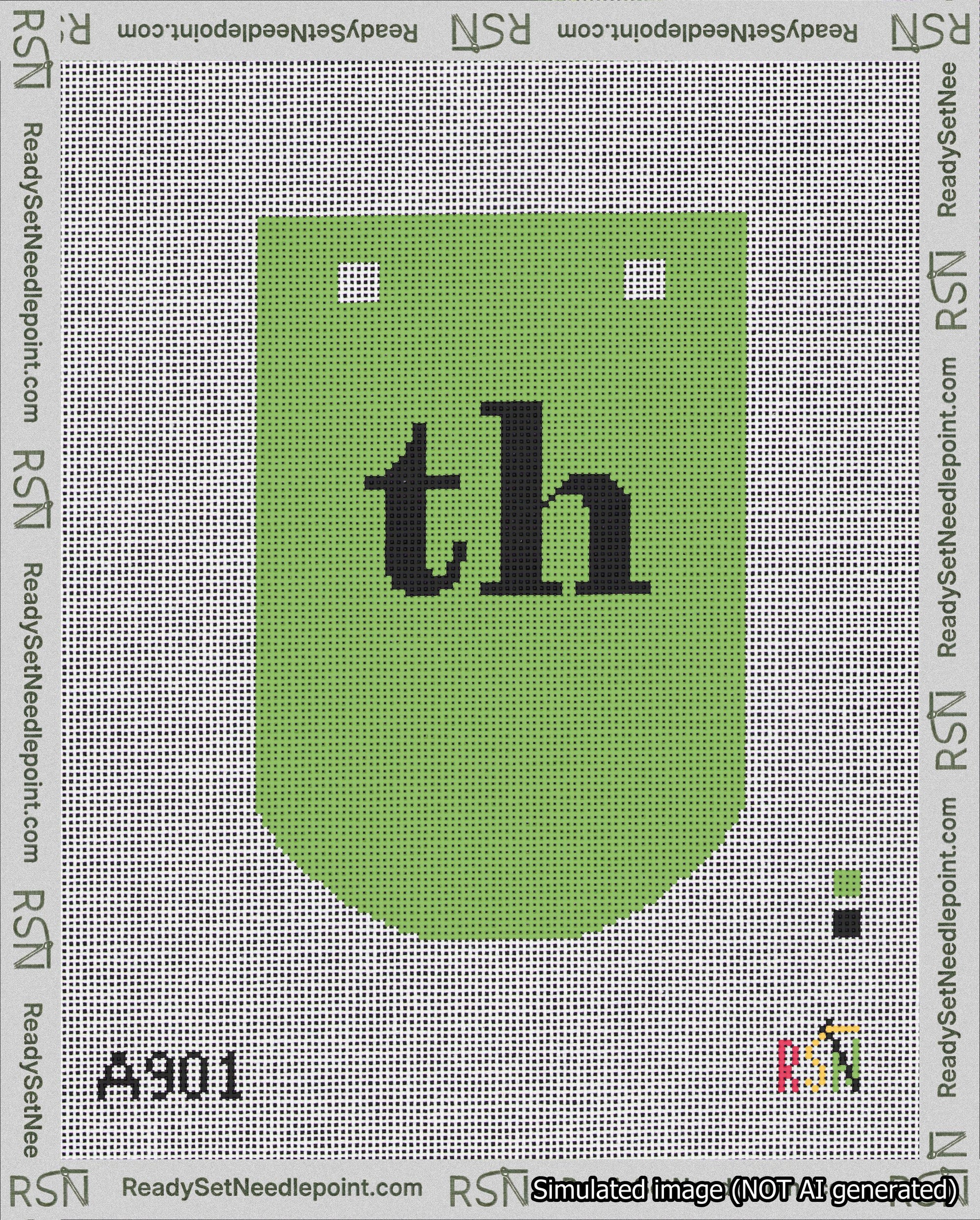 A taped needlepoint canvas with the design: Banner 18 mesh count Curved th Black on Light Green.