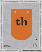 A taped needlepoint canvas with the design: Banner 18 mesh count Curved th Black on Orange.