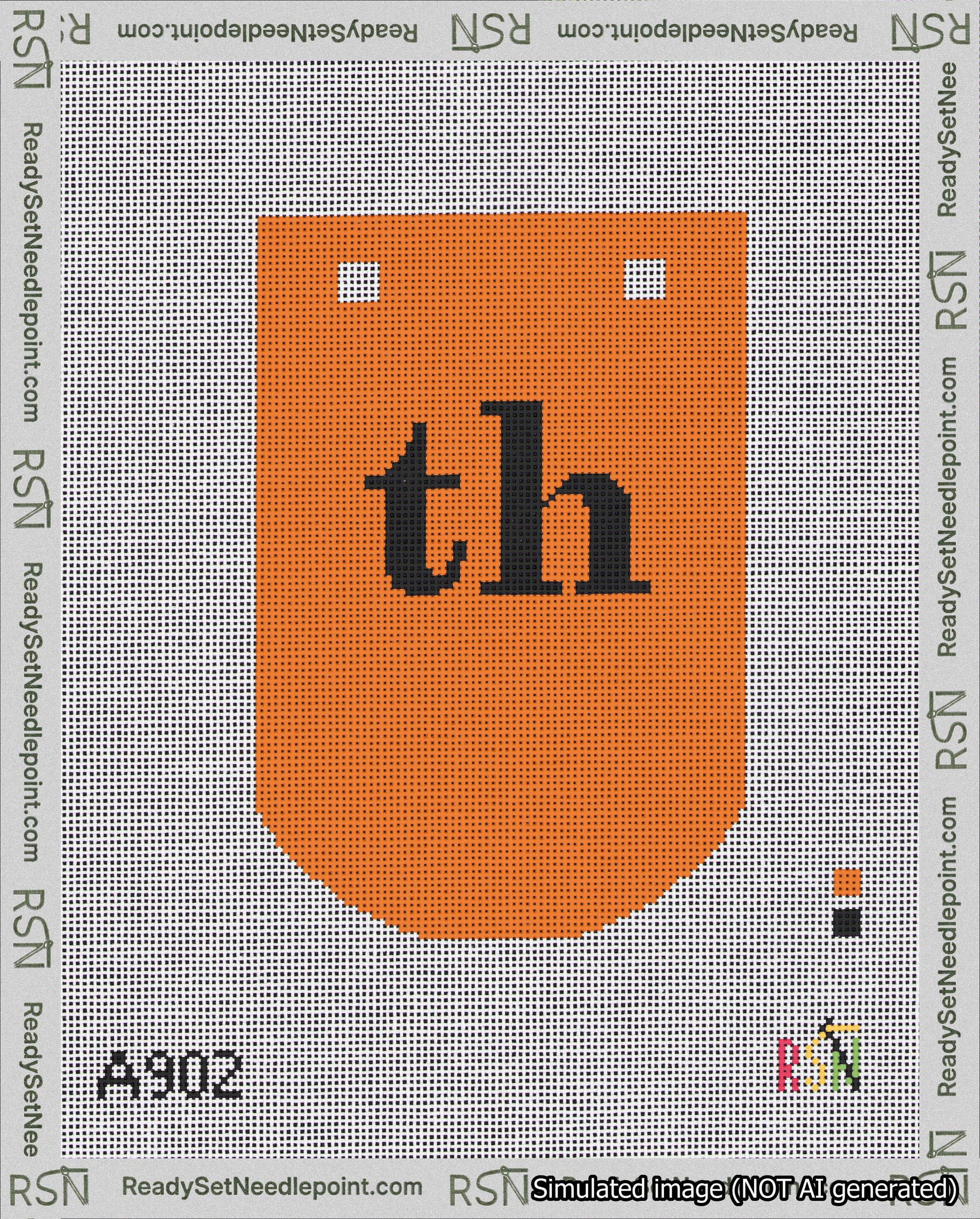 A taped needlepoint canvas with the design: Banner 18 mesh count Curved th Black on Orange.
