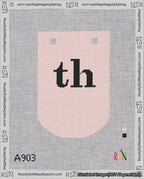 A taped needlepoint canvas with the design: Banner 18 mesh count Curved th Black on Pink.