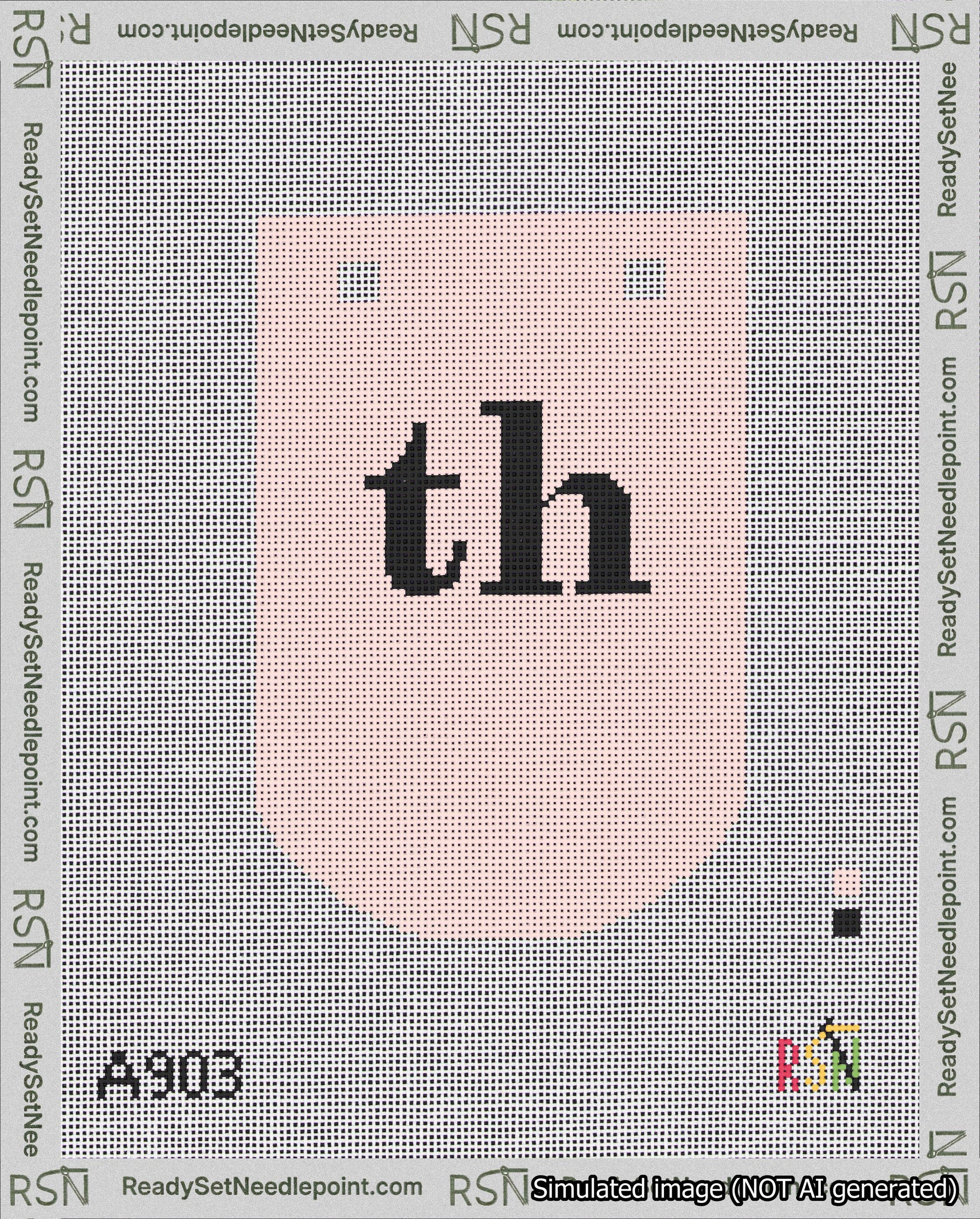 A taped needlepoint canvas with the design: Banner 18 mesh count Curved th Black on Pink.