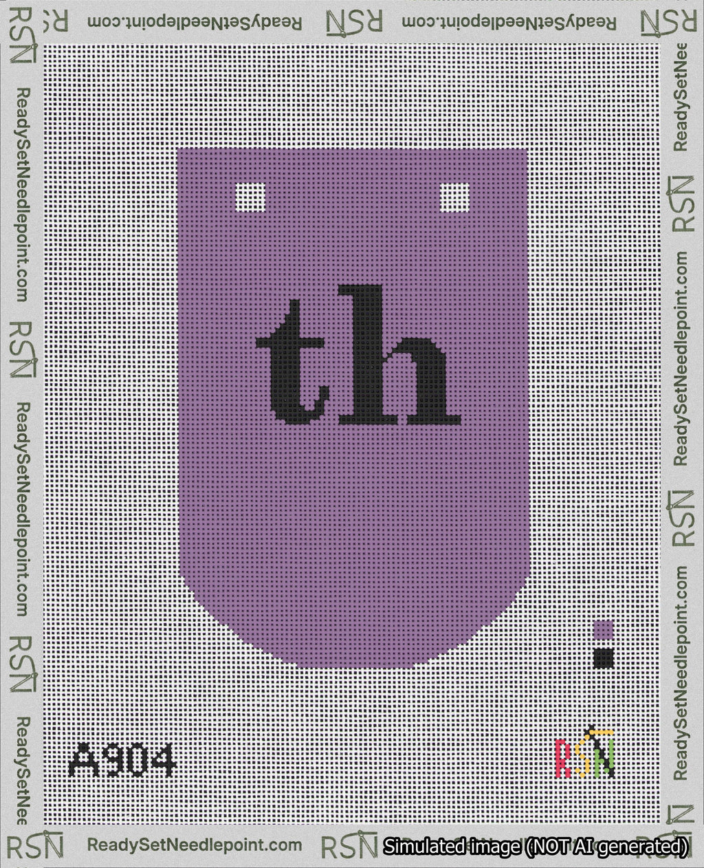 A taped needlepoint canvas with the design: Banner 18 mesh count Curved th Black on Purple.