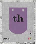A taped needlepoint canvas with the design: Banner 18 mesh count Curved th Black on Purple.