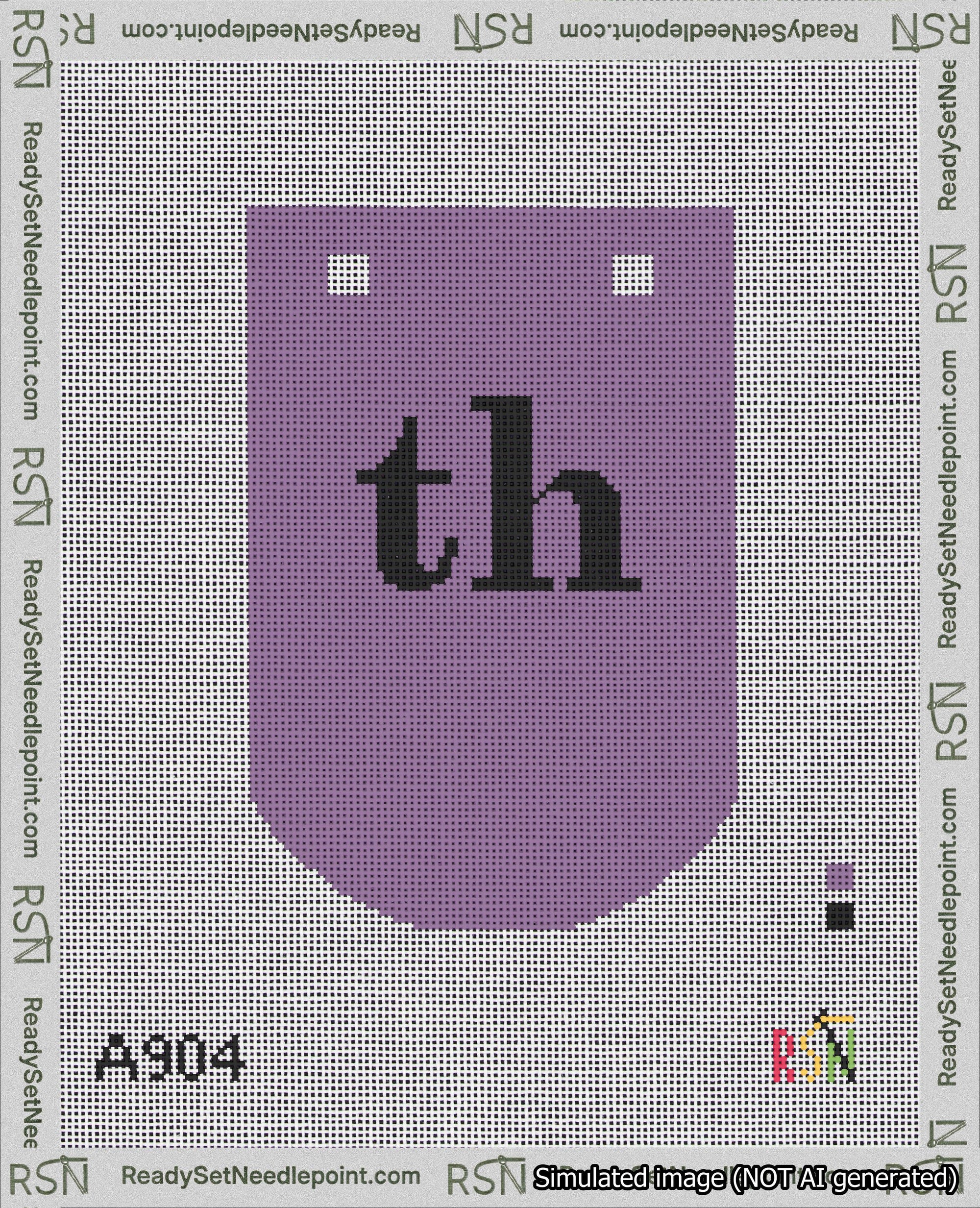 A taped needlepoint canvas with the design: Banner 18 mesh count Curved th Black on Purple.