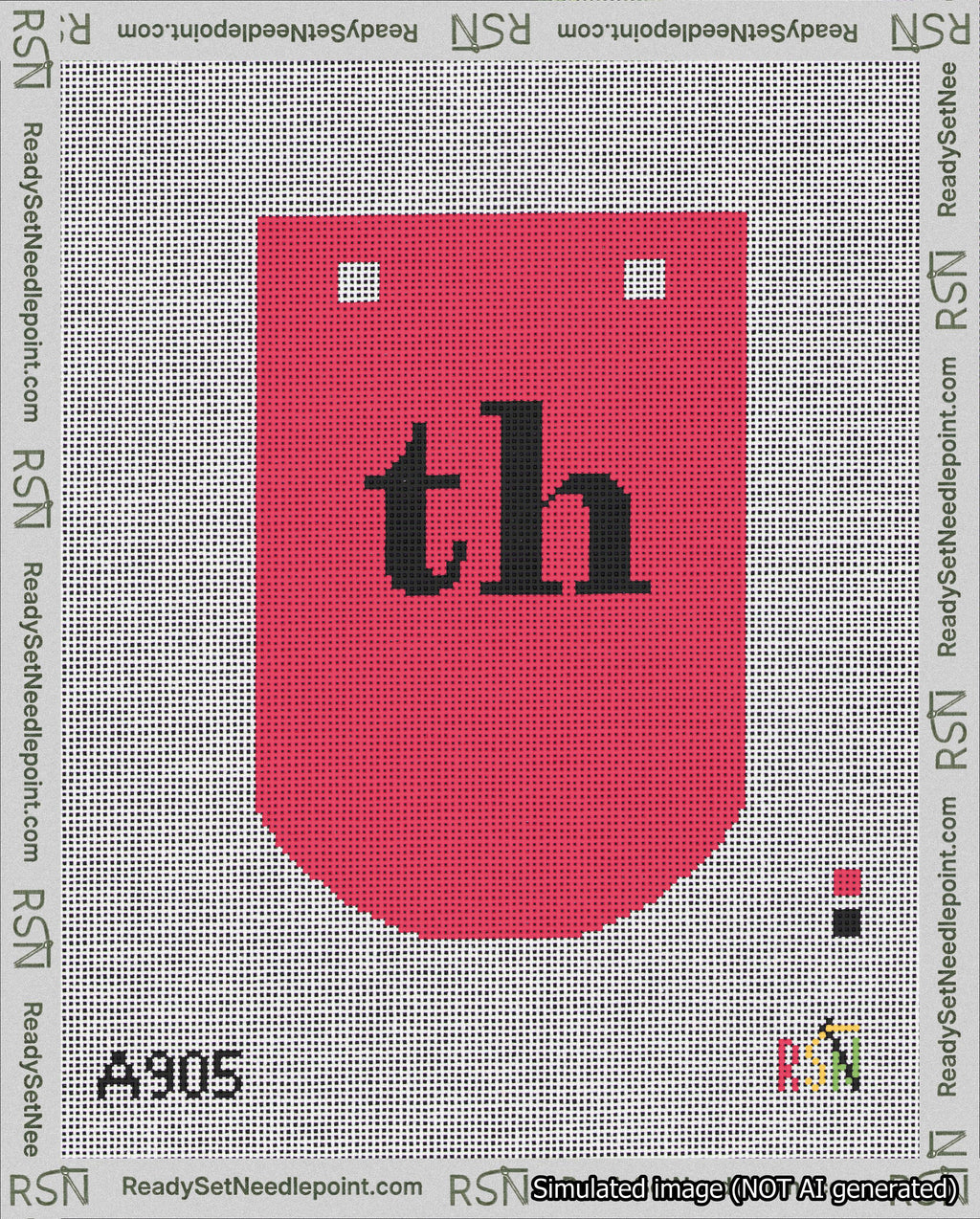 A taped needlepoint canvas with the design: Banner 18 mesh count Curved th Black on Red.