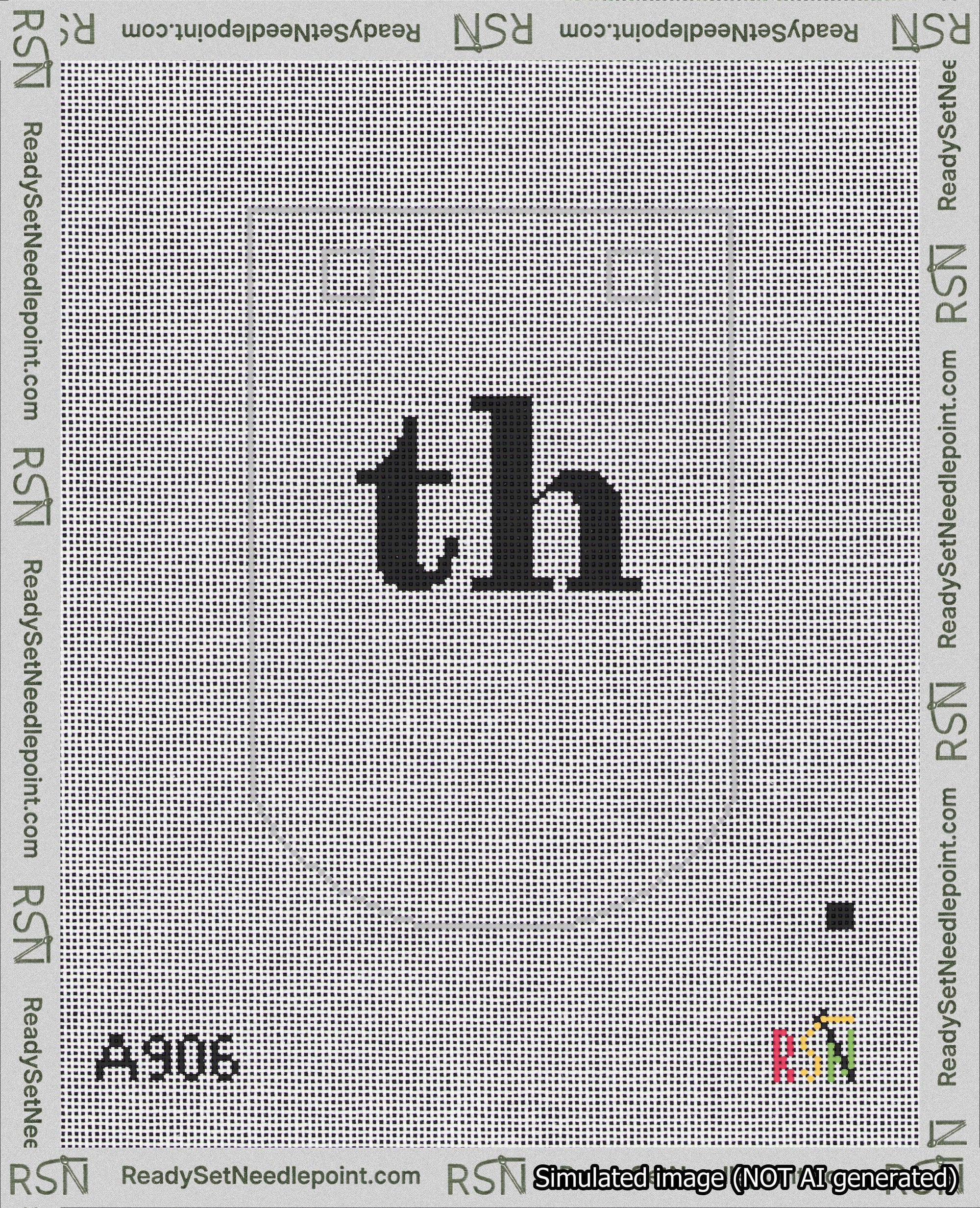 A taped needlepoint canvas with the design: Banner 18 mesh count Curved th Black on White.