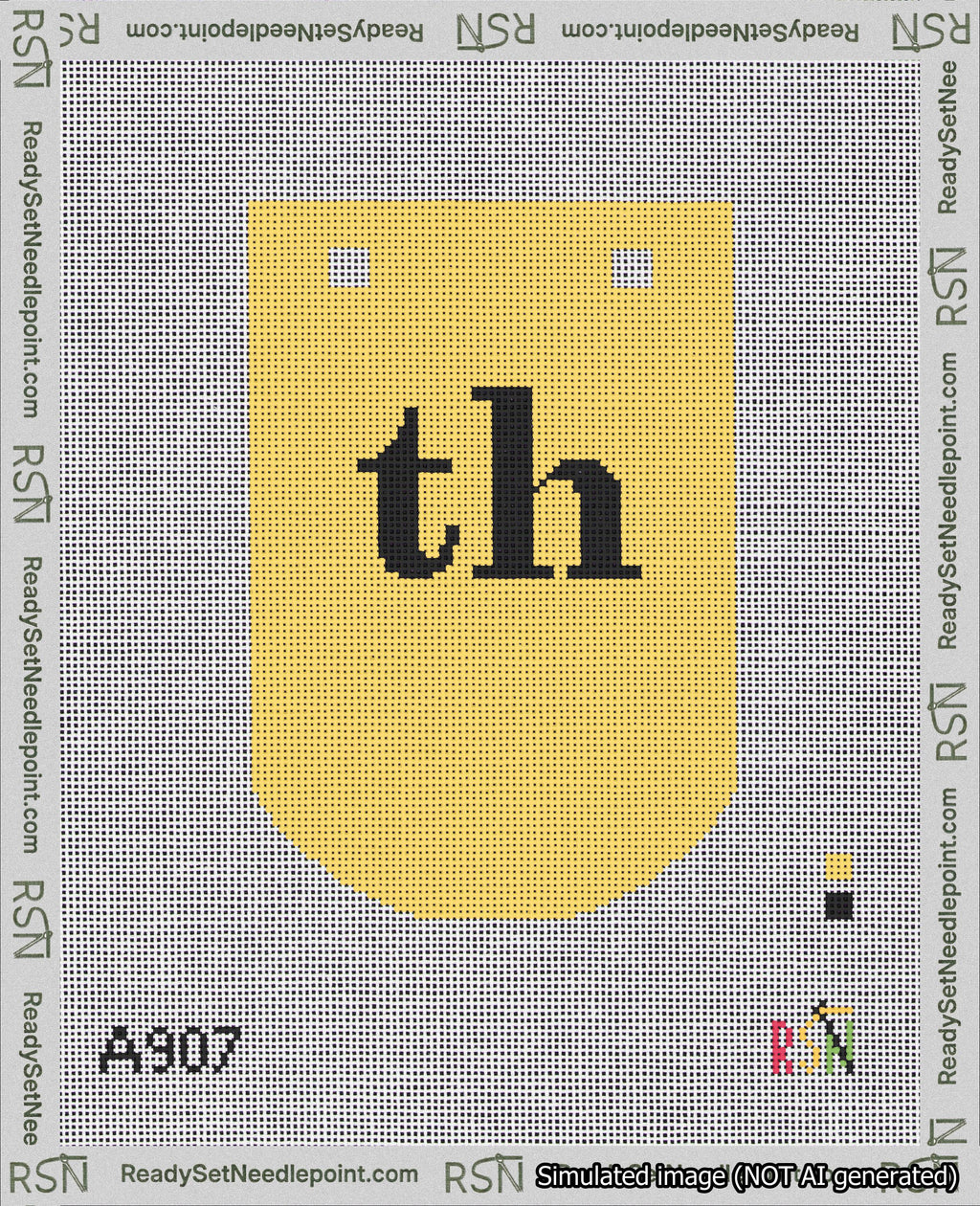 A taped needlepoint canvas with the design: Banner 18 mesh count Curved th Black on Yellow.