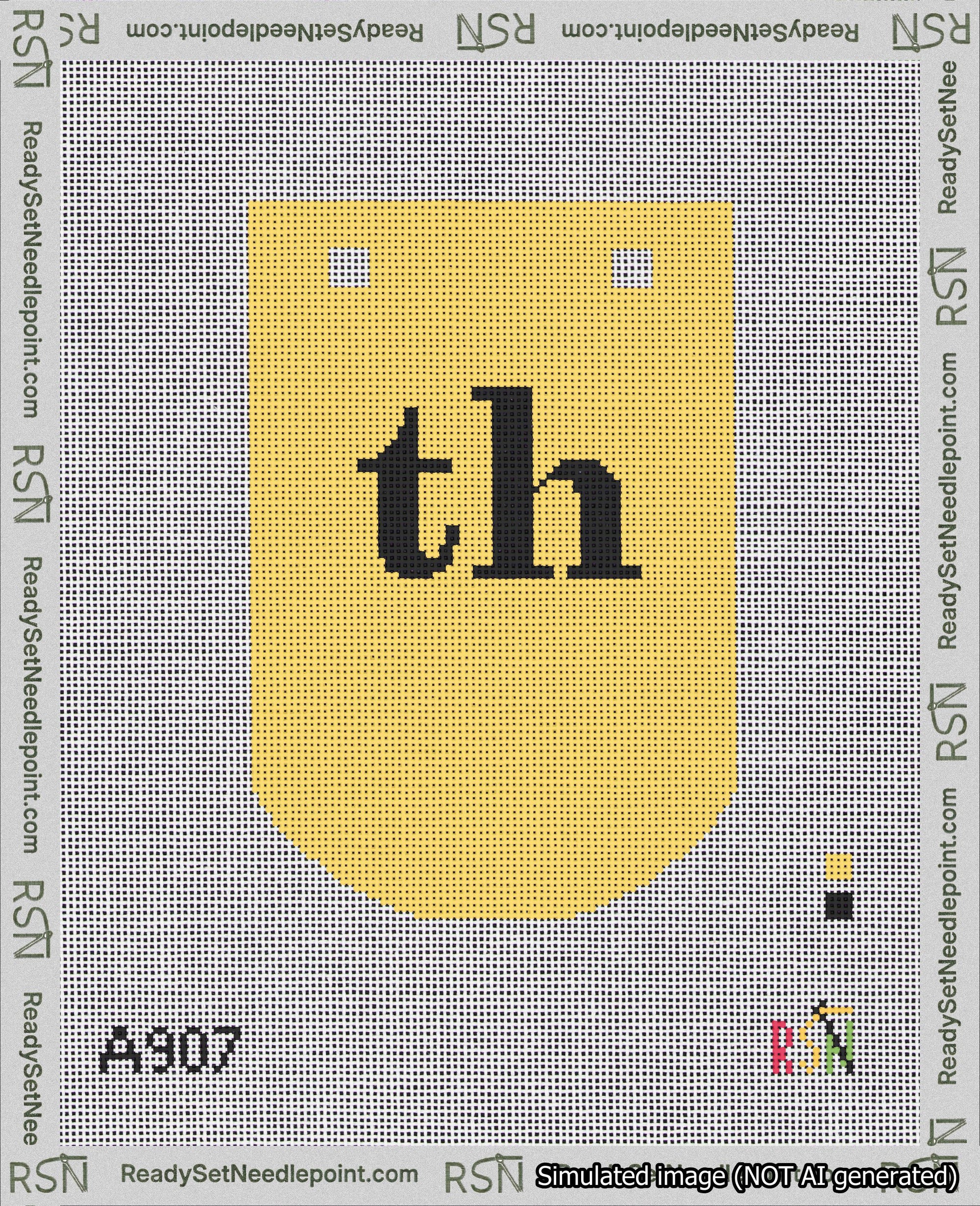 A taped needlepoint canvas with the design: Banner 18 mesh count Curved th Black on Yellow.