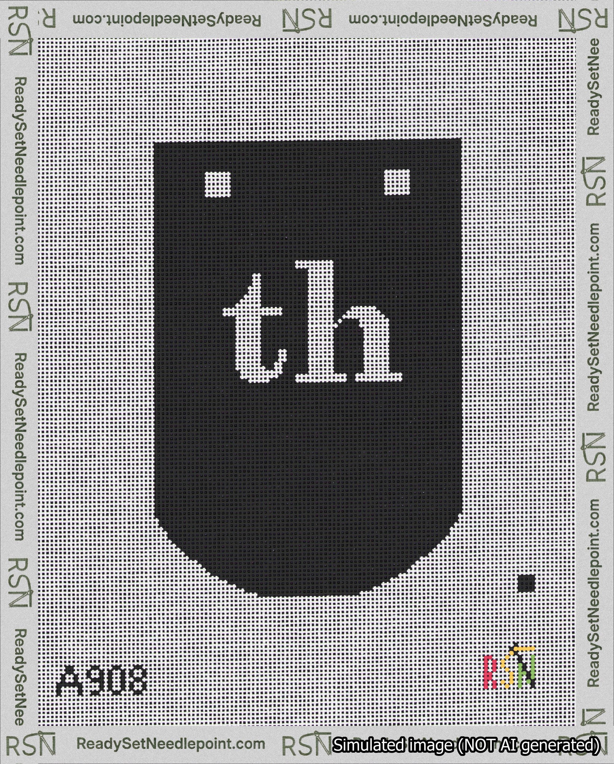 A taped needlepoint canvas with the design: Banner 18 mesh count Curved th White on Black.