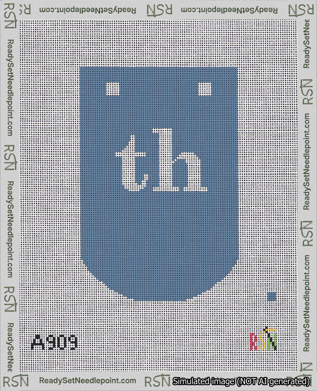 A taped needlepoint canvas with the design: Banner 18 mesh count Curved th White on Blue.