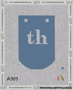A taped needlepoint canvas with the design: Banner 18 mesh count Curved th White on Blue.