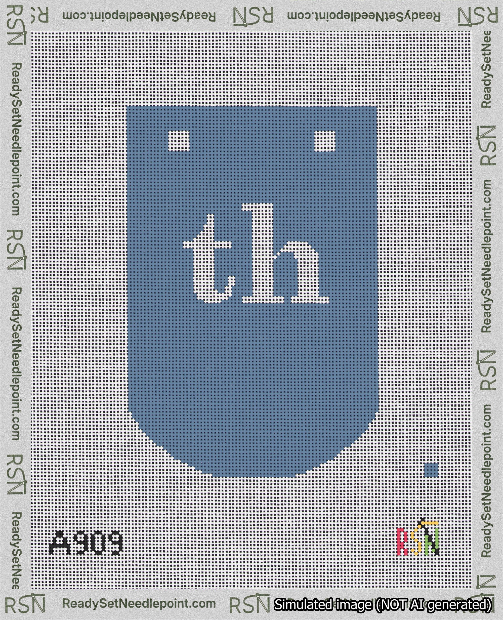 A taped needlepoint canvas with the design: Banner 18 mesh count Curved th White on Blue.