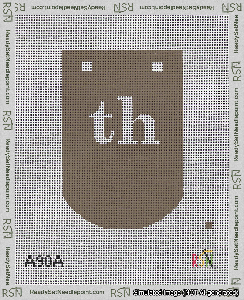 A taped needlepoint canvas with the design: Banner 18 mesh count Curved th White on Brown.