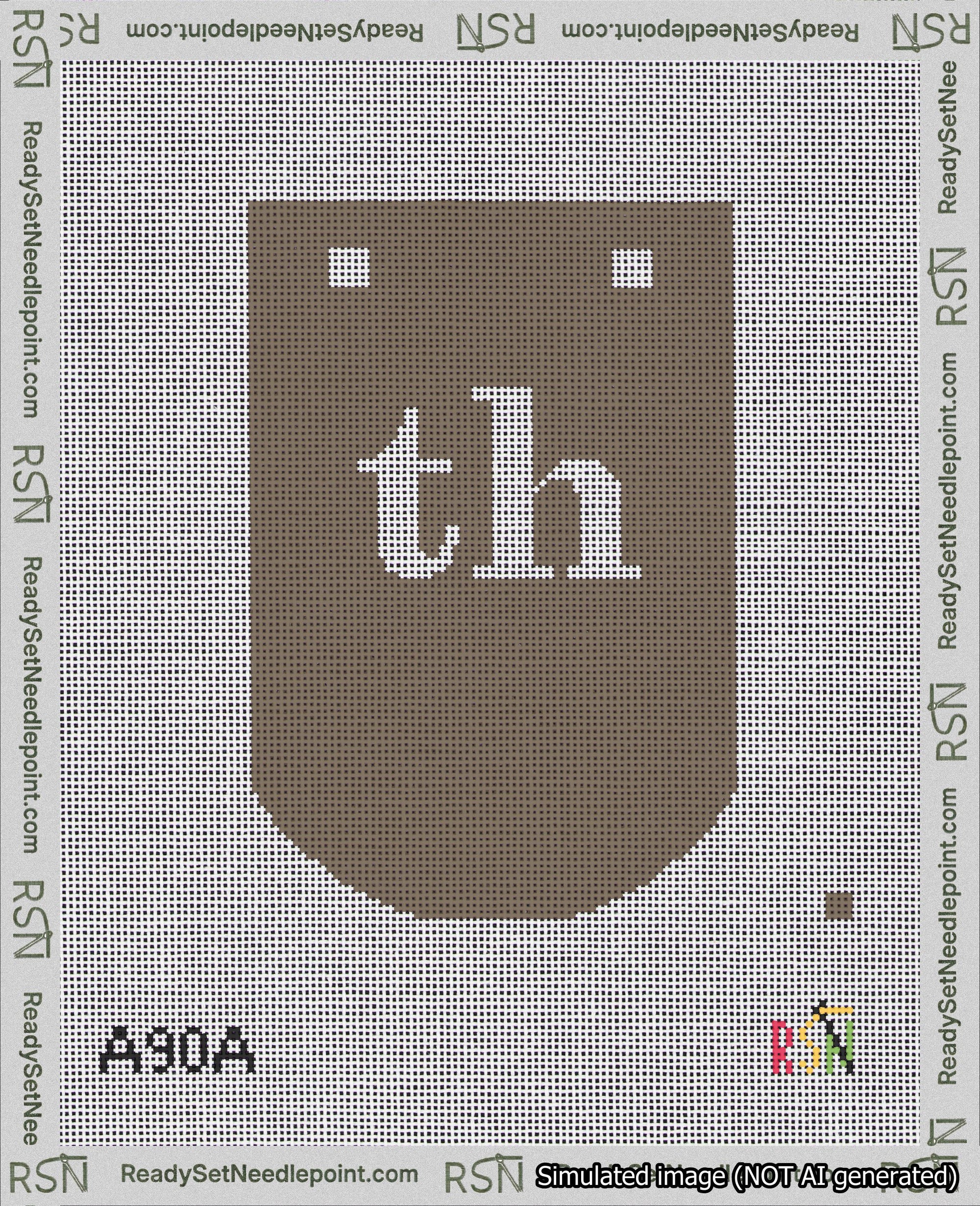 A taped needlepoint canvas with the design: Banner 18 mesh count Curved th White on Brown.