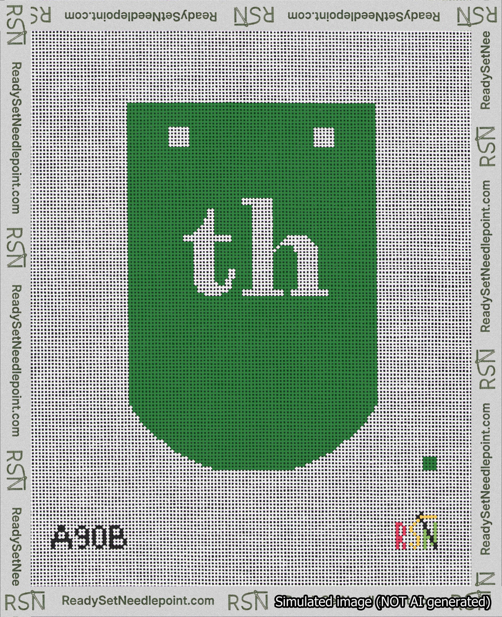 A taped needlepoint canvas with the design: Banner 18 mesh count Curved th White on Green.