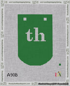A taped needlepoint canvas with the design: Banner 18 mesh count Curved th White on Green.