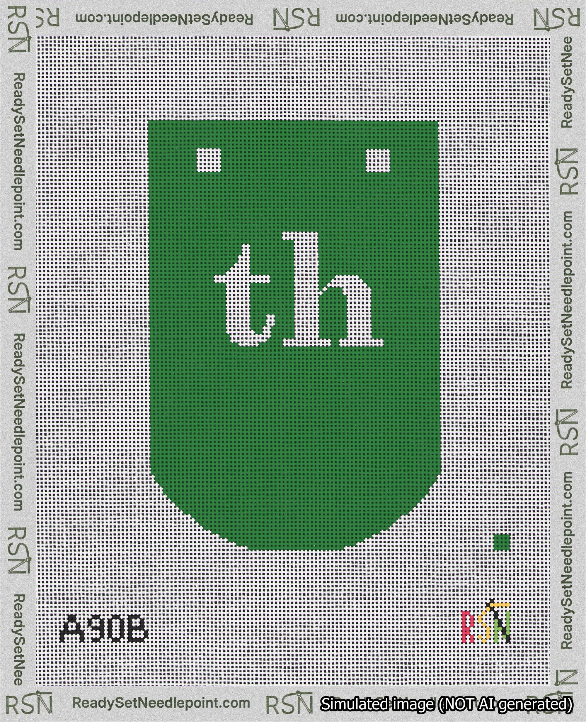 A taped needlepoint canvas with the design: Banner 18 mesh count Curved th White on Green.