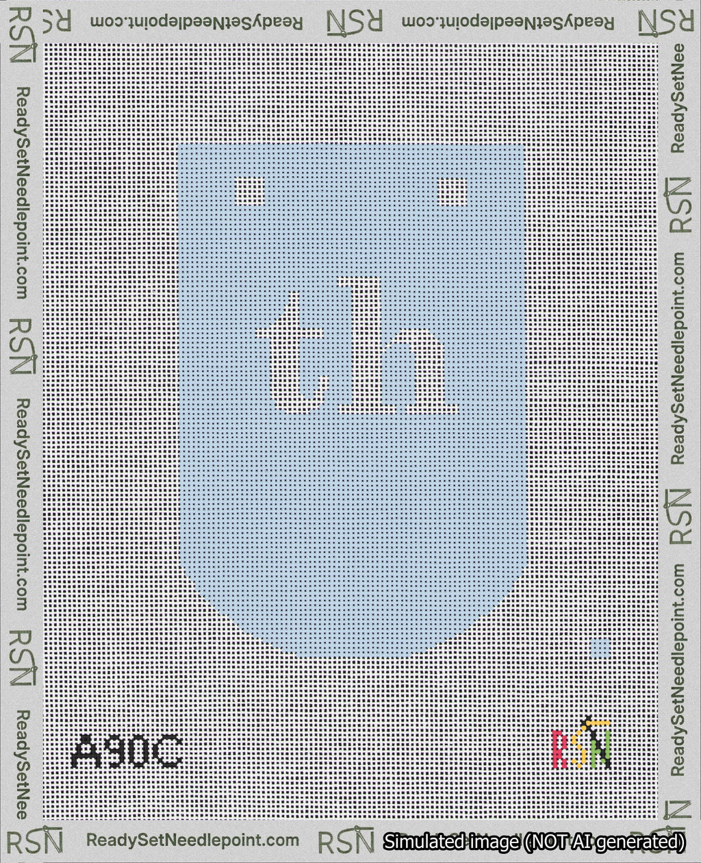 A taped needlepoint canvas with the design: Banner 18 mesh count Curved th White on Light Blue.