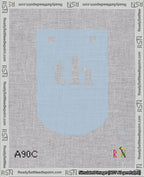A taped needlepoint canvas with the design: Banner 18 mesh count Curved th White on Light Blue.
