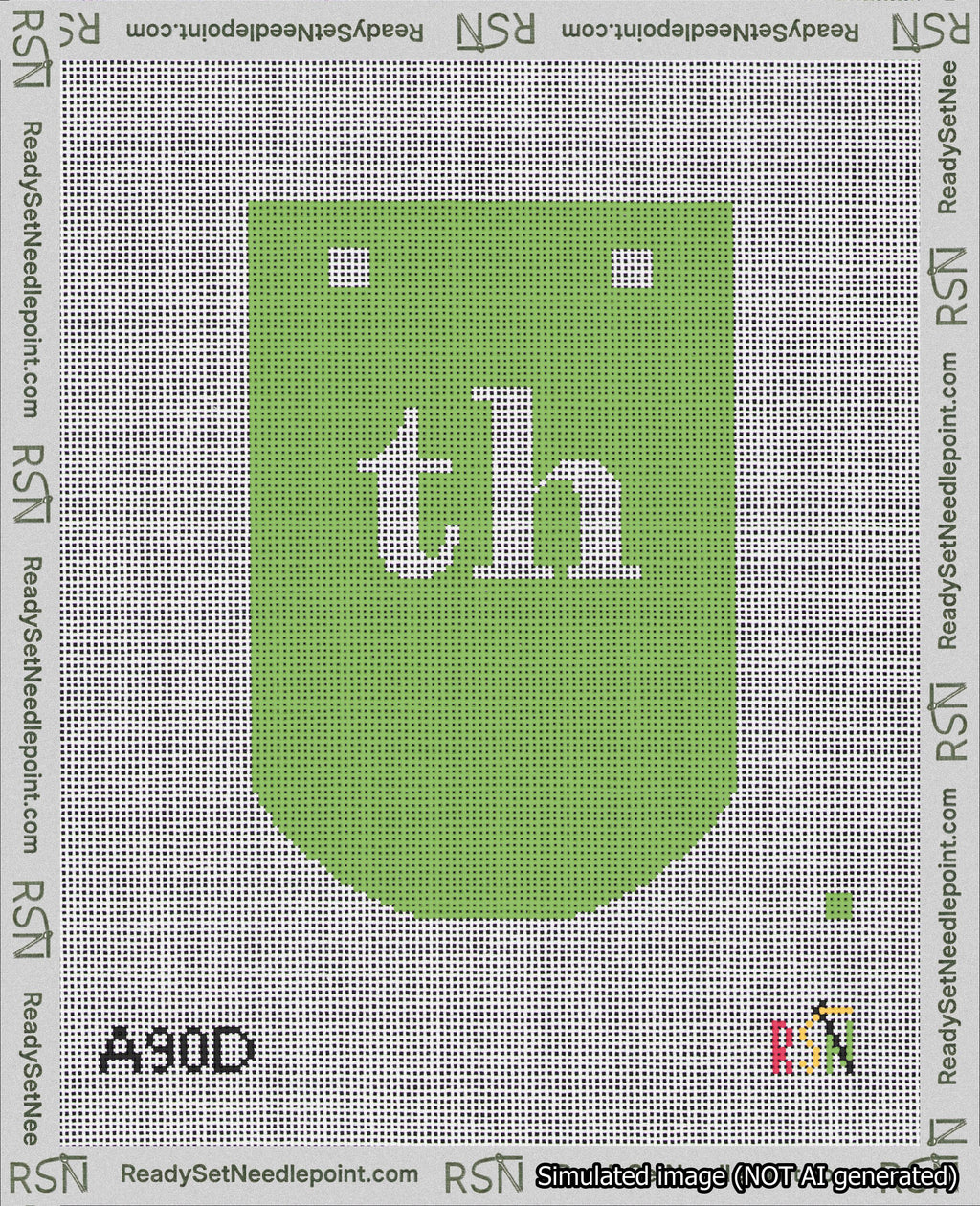A taped needlepoint canvas with the design: Banner 18 mesh count Curved th White on Light Green.