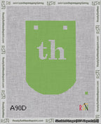 A taped needlepoint canvas with the design: Banner 18 mesh count Curved th White on Light Green.