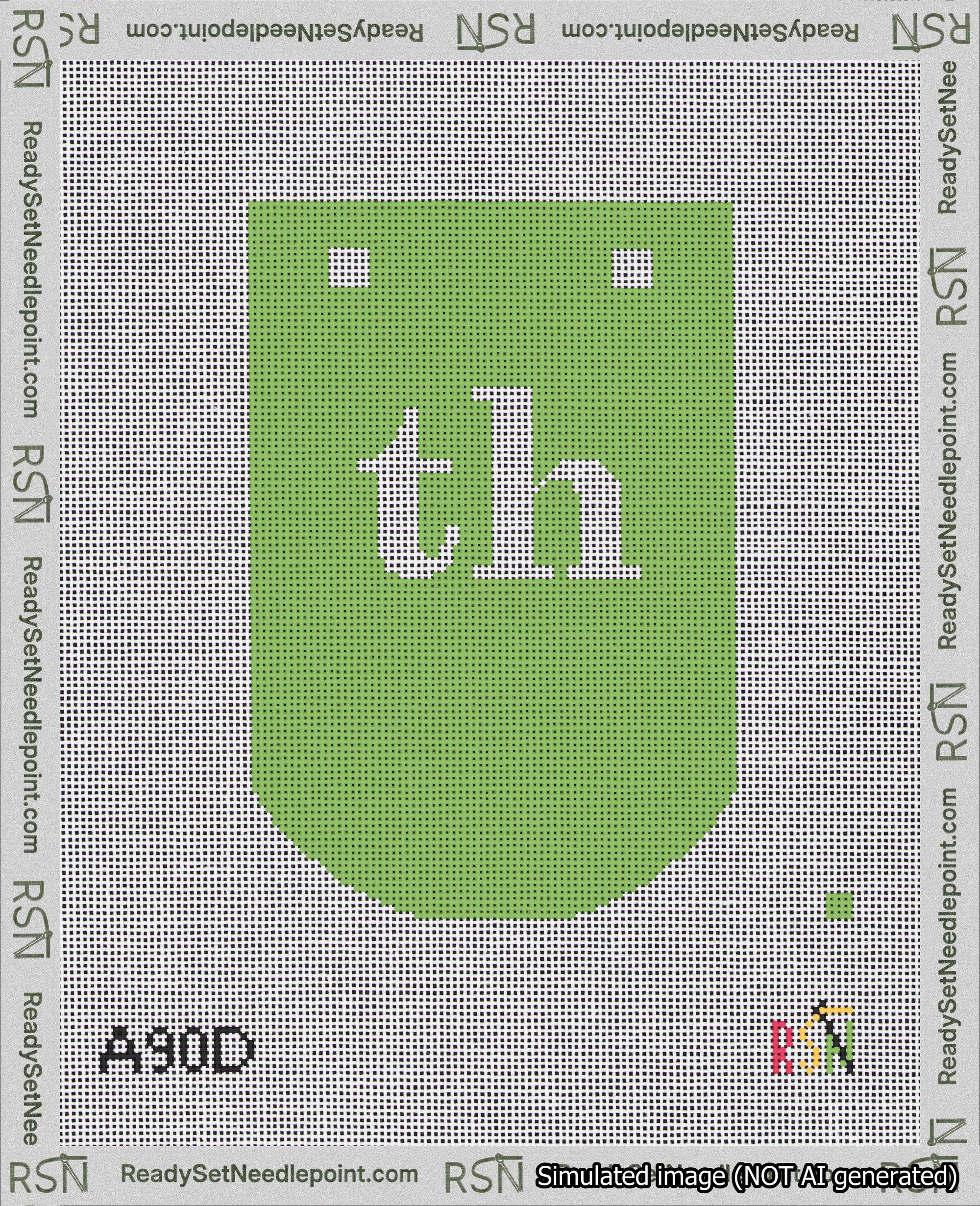 A taped needlepoint canvas with the design: Banner 18 mesh count Curved th White on Light Green.