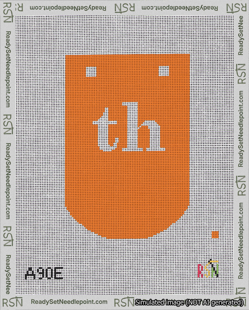 A taped needlepoint canvas with the design: Banner 18 mesh count Curved th White on Orange.
