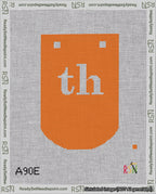 A taped needlepoint canvas with the design: Banner 18 mesh count Curved th White on Orange.